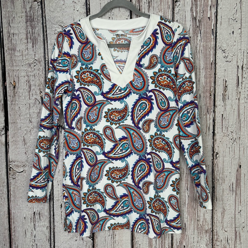 LANDS’ END Size XS 2-4 Swim Cover Up Rash Guard Swim Tunic Paisley Long Sleeve